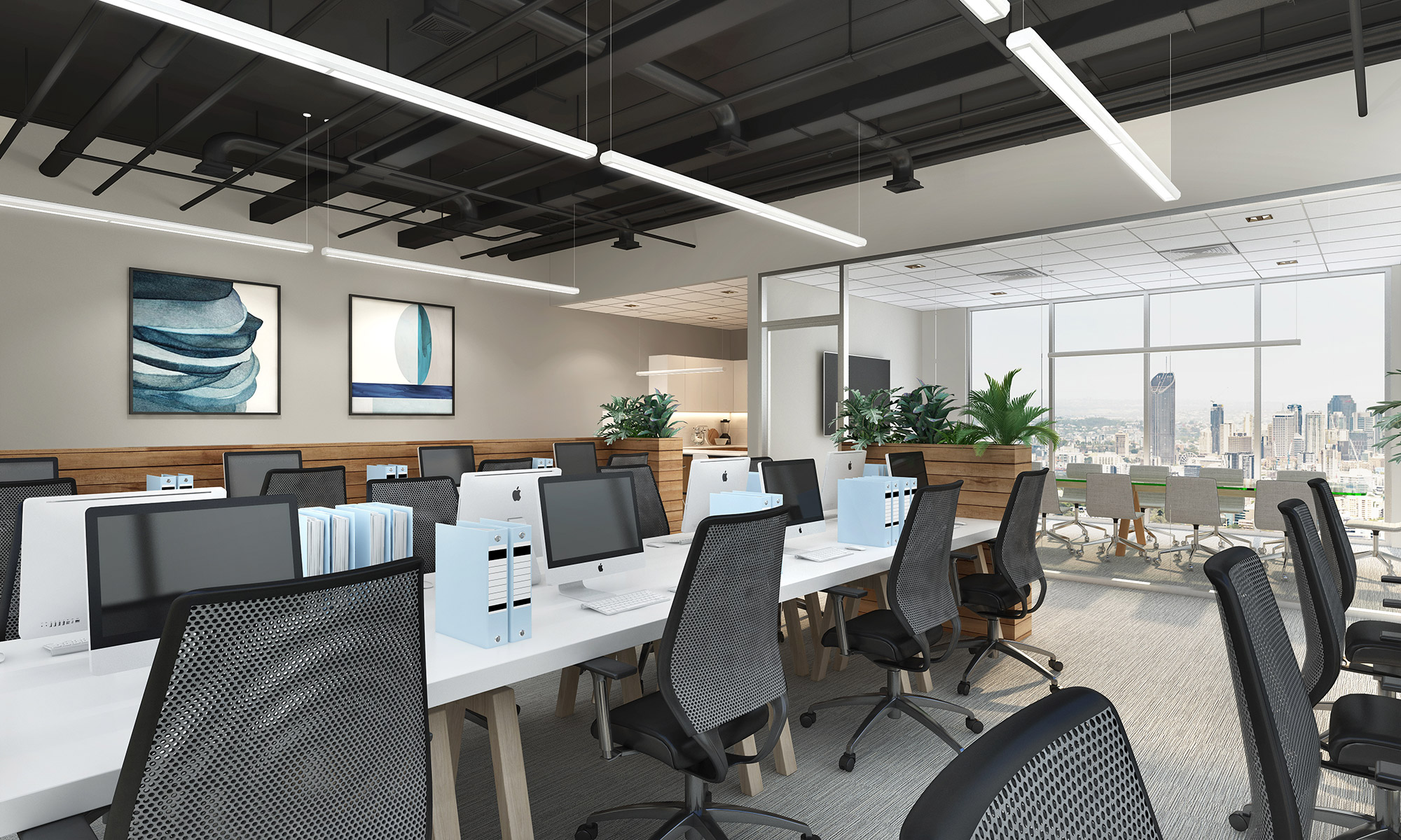 7572 SUS7415 0928 EDGE Suspended Lighting Fixture installed on Office Space This is a sample rendering for the company Aron Lightin